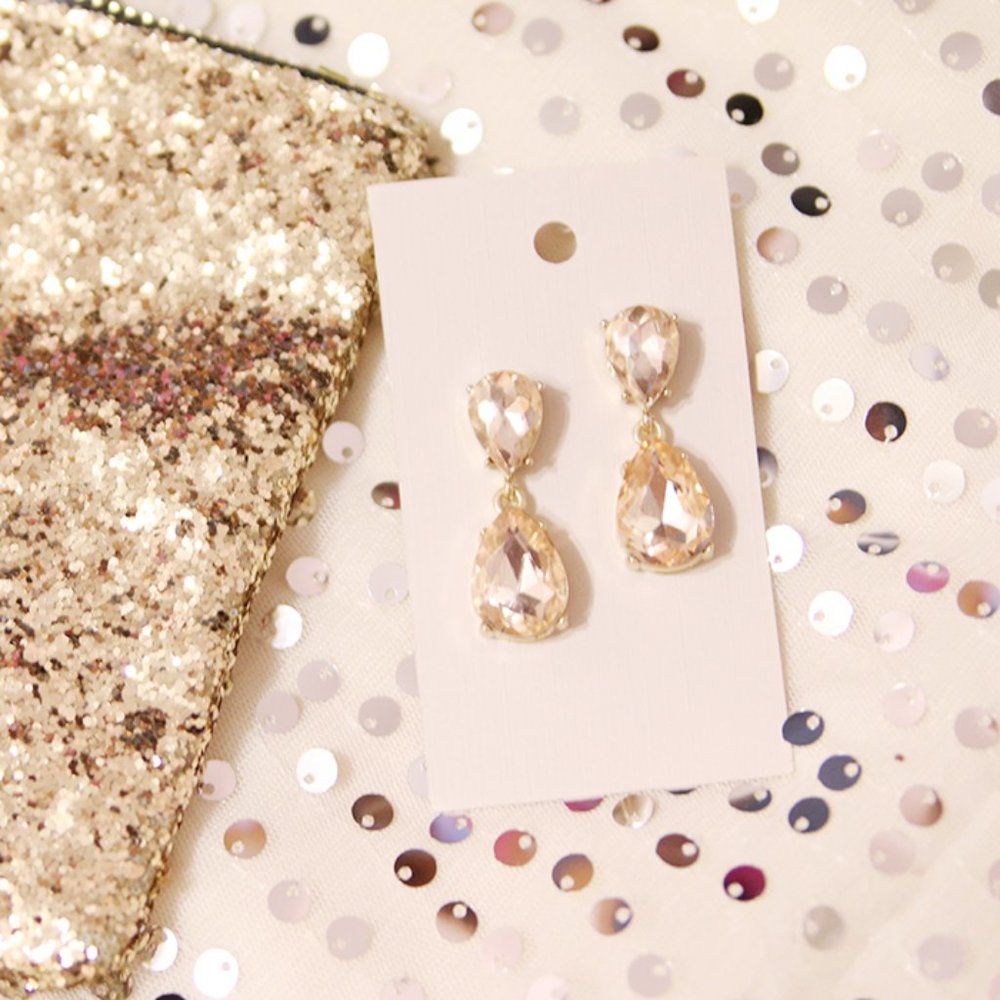 Champagne Crystal Drop Earrings & Gold Glitter Purse Set